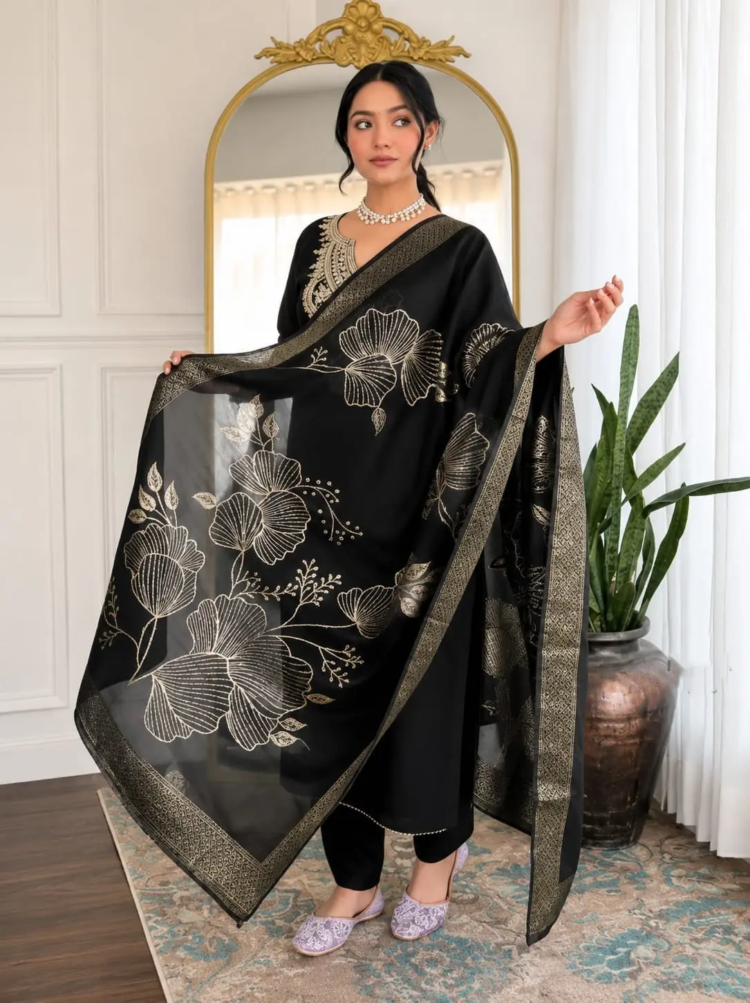 Cotton Embroidered Dupatta Set with Chanderi Floral Dupatta